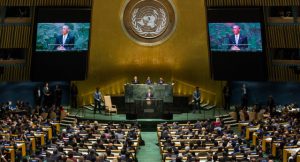 NEW YORK, NY - SEPTEMBER 24: U.S. President Barack Obama speaks at the 69th United Nations General Assembly at United Nations Headquarters on September 24, 2014 in New York City. The annual event brings political leaders from around the globe together to report on issues meet and look for solutions. This year's General Assembly has highlighted the problem of global warming and how countries need to strive to reduce greenhouse gas emissions. (Photo by Andrew Burton/Getty Images)